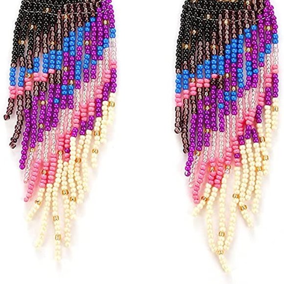 Long 5" Stars & Crescent Moon Night Earrings Handmade Beaded Oversized Statement - Picture 6 of 8